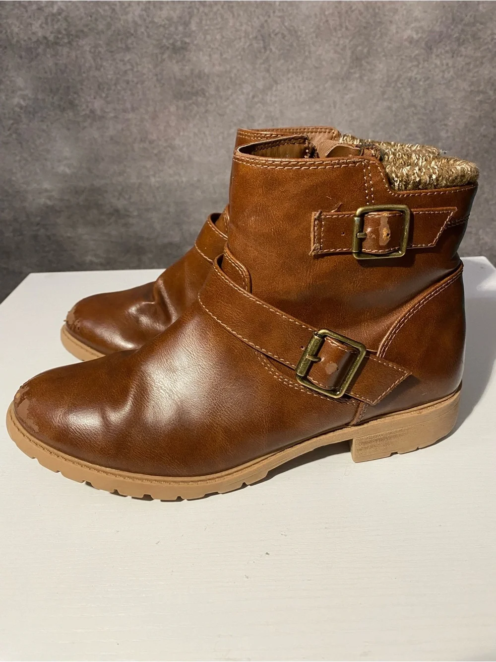 Wonder Nation Girls Size 5 Brown Ankle Boots Double Buckle Sweater Trim Zip
